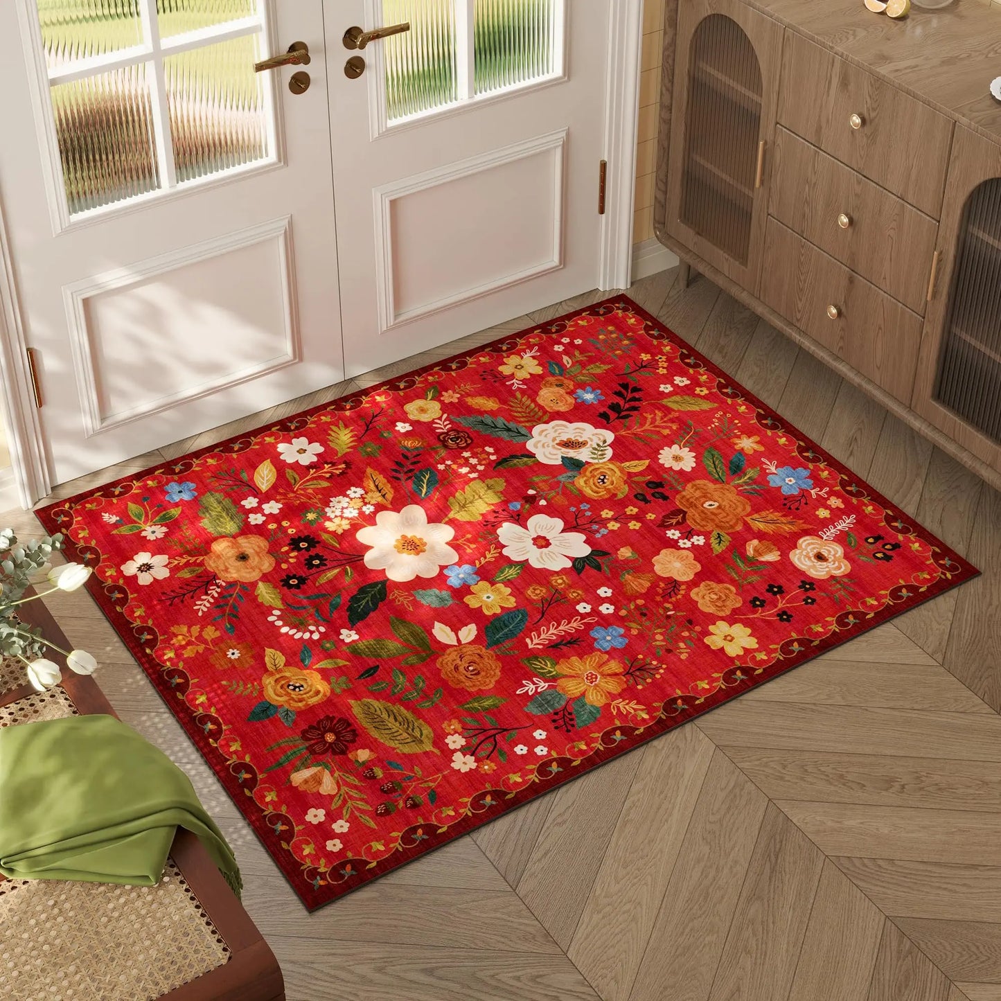 VIKAMA Door Mat Indoor Entrance Machine Washable Boho Floral Small Area Rug Non-Slip Low Pile Throw Rugs for Home Entryway Decor