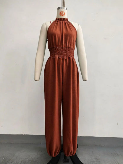 Summer Sexy Halter Sleeveless Pleated Jumpsuit Women Fashion Solid Elastic Waisted Wide Leg Jumpsuit Casual Loose Rompers Street