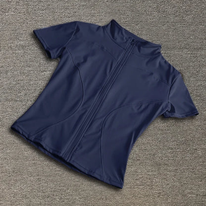 Summer High Quality Waist Slimming Training Tops Women's Quick-drying Tight Stand Collar Full Zipper Short Sleeves Yoga Shirts