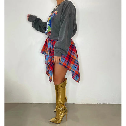 Womens Plaid Skirts High Elastic Waisted Knot Front Asymmetrical Hem Mini Skater Skirt Y2K Streetwear A Line Pleated Skirts