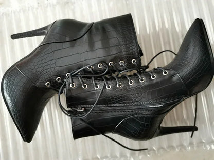 Sexy Ankle Cowboy Boots For Women Dance Shoes Fashion Snake Red White Black High Heels Lace Up Short Boot Autumn Large Size