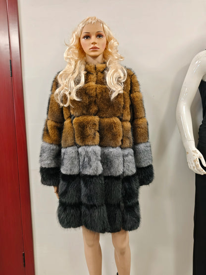 Women Winter Faux Fur Fox Coats mid-length Jackets Furry Outerwear Party Gradient splicing design Thick Warm Coats