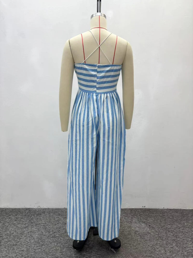 African Fashion Women Casual Jumpsuit Striped Printed V Neck Sleeveless Hollow Out Back Wide Leg Jumpsuits