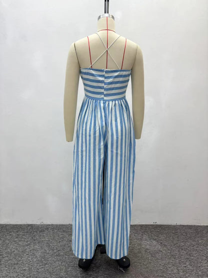 African Fashion Women Casual Jumpsuit Striped Printed V Neck Sleeveless Hollow Out Back Wide Leg Jumpsuits