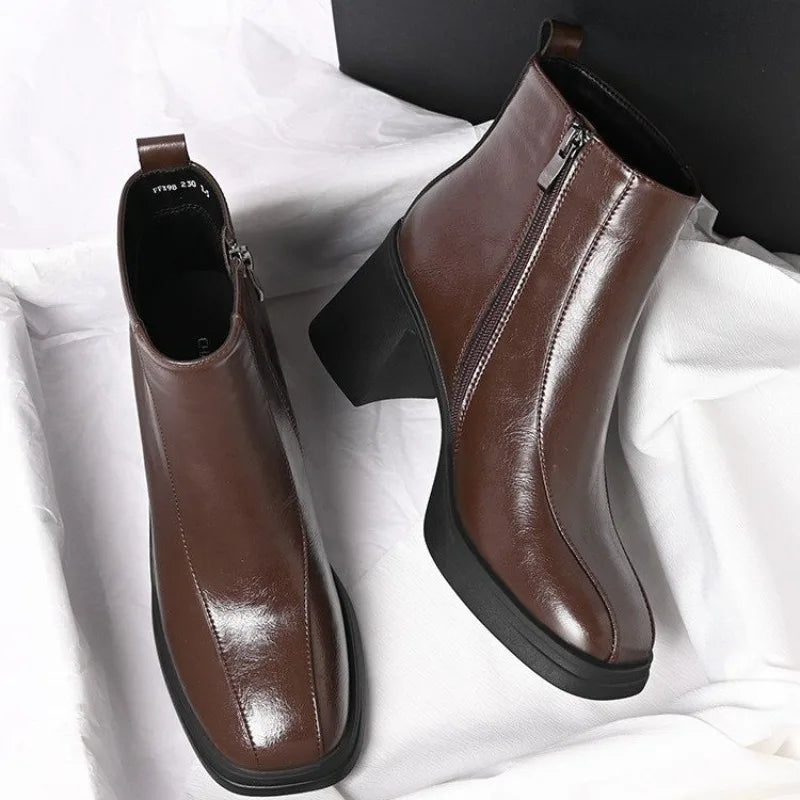 Women's Soft Sole Paneled Booties Winter New Square Toe Zip Non-Slip Heeled Leather Shoes