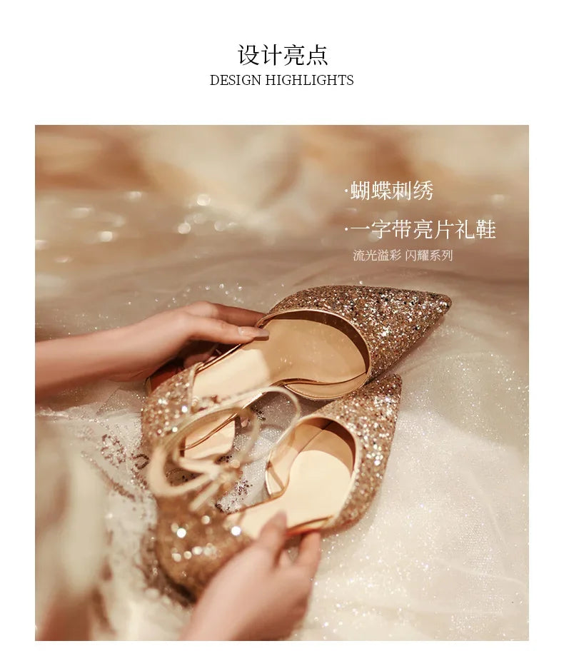 Luxury Silver Gold Sandals Women Summer Pointed Elegant Crystal High Heels Ladies Flip Flop Sequined Party Banquet Wedding Shoes