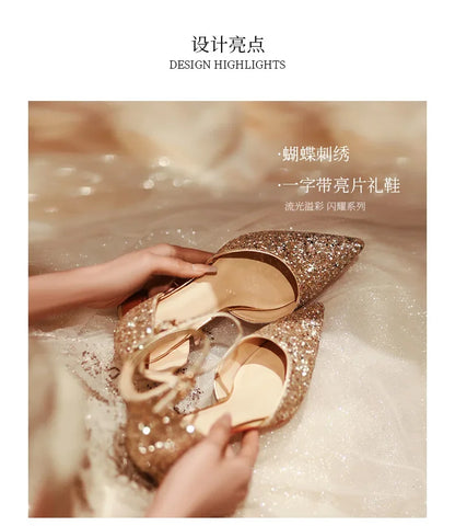 Luxury Silver Gold Sandals Women Summer Pointed Elegant Crystal High Heels Ladies Flip Flop Sequined Party Banquet Wedding Shoes
