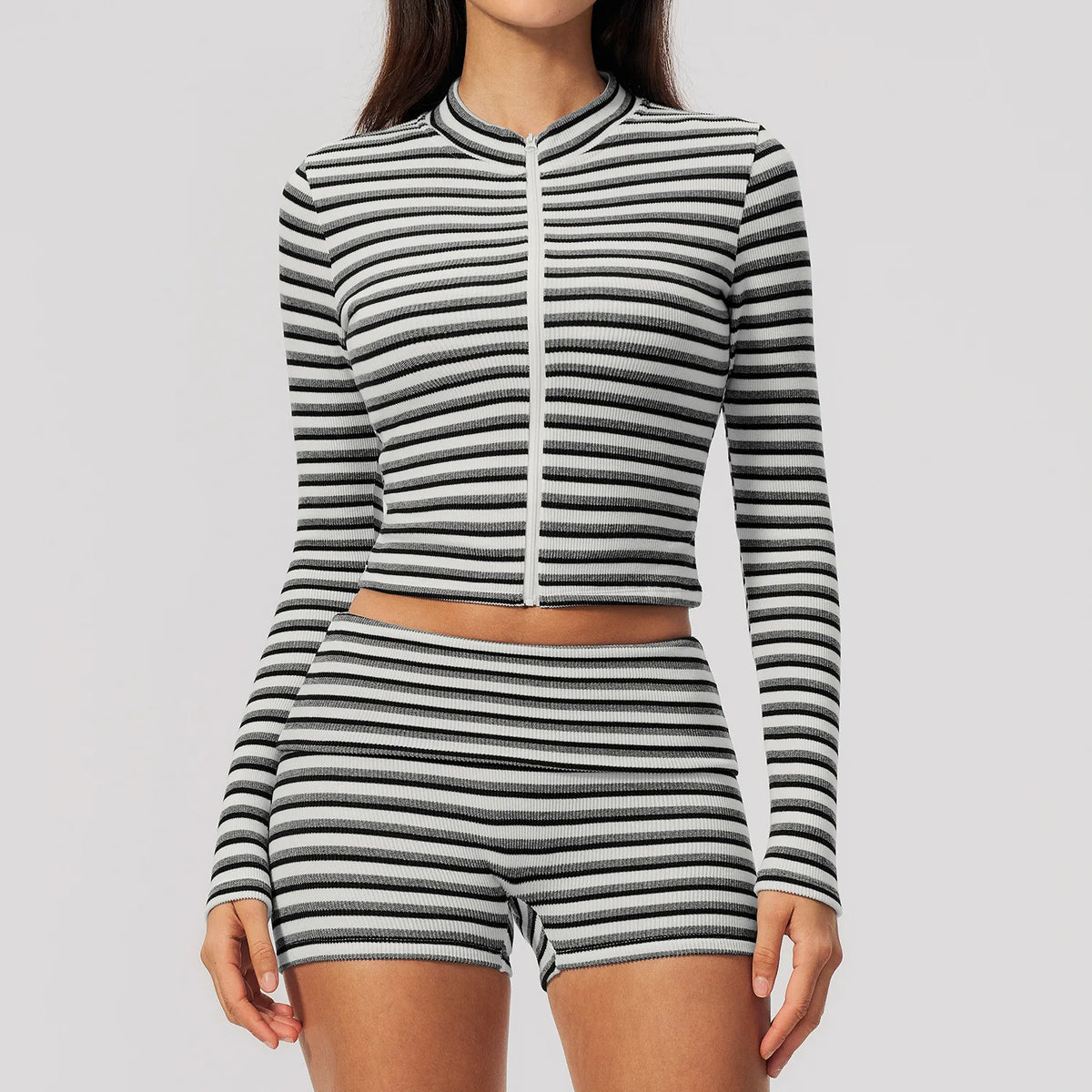 Women 2/3pcs Yoga Set Gym Clothing Fitness Suit Workout Tracksuit Outfits Ribbed Striped Strapless Tube Top Zipper Long Sleeve