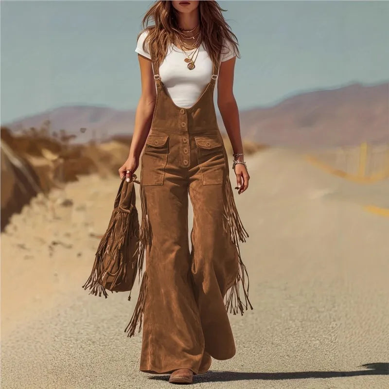 Western Vintage Solid Suede Tassel Female Jumpsuit Fashion Hollow Out Button Overalls 2026 Spring Strappy Bodysuit Woman Rompers