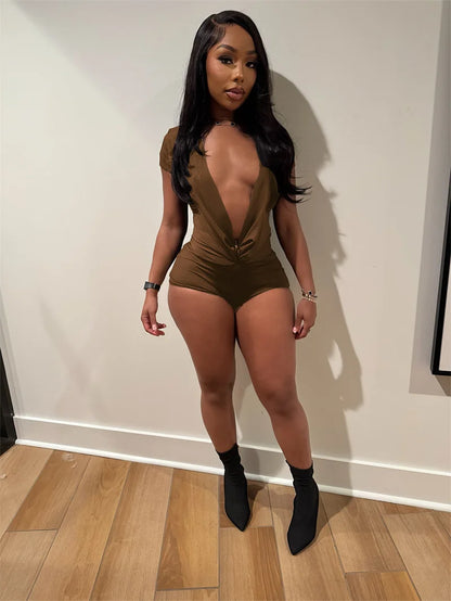 Sexy Deep V-neck Solid Bodycon Romper for Woman Jumpsuits Short Sleeve Skinny One Pieces Playsuit Club Party Combishort Femme