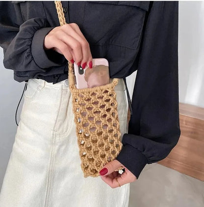 Hollow-out Woven Crochet Small Crossbody Phone Bag Women Fashion Solid Color Lightweight Braided Shoulder Handbag Crossbody Bags