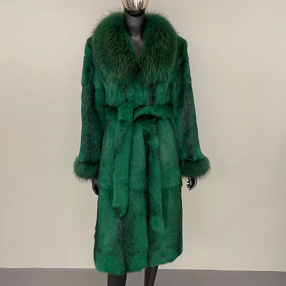 2024 New Autumn Winter Thickened Fur Coat for Women Rabbit Fur One-piece Long Style Real Fox Fur Collar Fashion Warm Coat Women