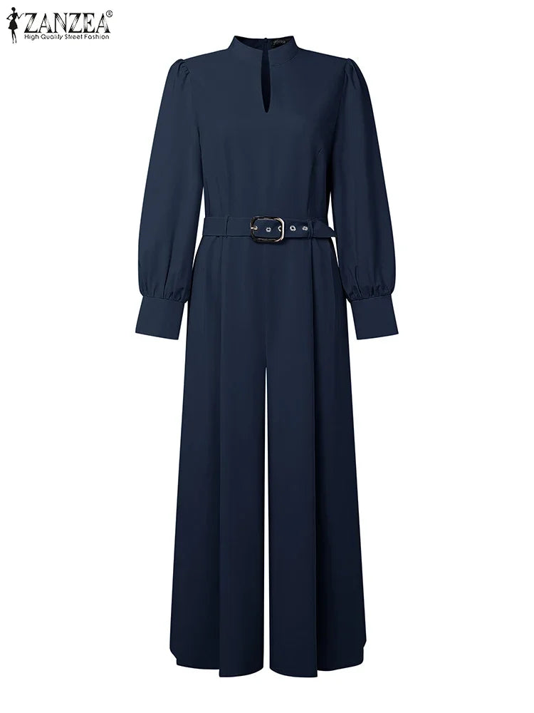 ZANZEA Fashion Women Jumpsuits 2026 Spring Overalls Pants Elegant OL Work Wide Leg Trousers V Neck Long Sleeve Romper Streetwear