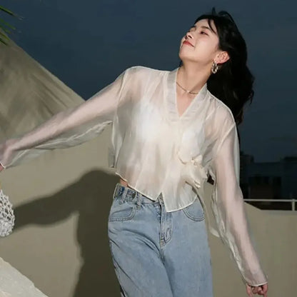Hanfu Style Modal Ice Silk Shawl V-Neck Sheer Outerwear Long Sleeve Translucent Sun Protection Cardigan Women's Wear