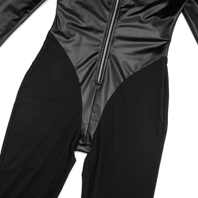 FLARORA Fashion Pu Leather Patchwork Jumpsuits Woman Stand Collar Full Sleeve Zip Skinny Peach Hip Midnight Party Club Overalls
