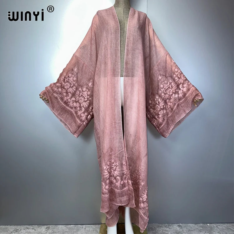 WINYI Kimono Hand-Dyed Embroidered Cardigan Beachwear Evening Dress Abaya Dubai Luxury Cover-Ups Beach Outfits Women Maxi Coat