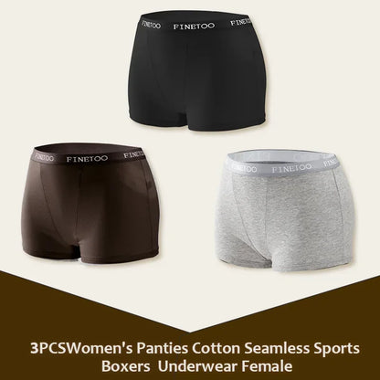 3Pcs Women's Cotton Boxers Panties Seamless Sports Underwear Female Solid Color Briefs Lingerie Intimate Underpant Finetoo S-XXL