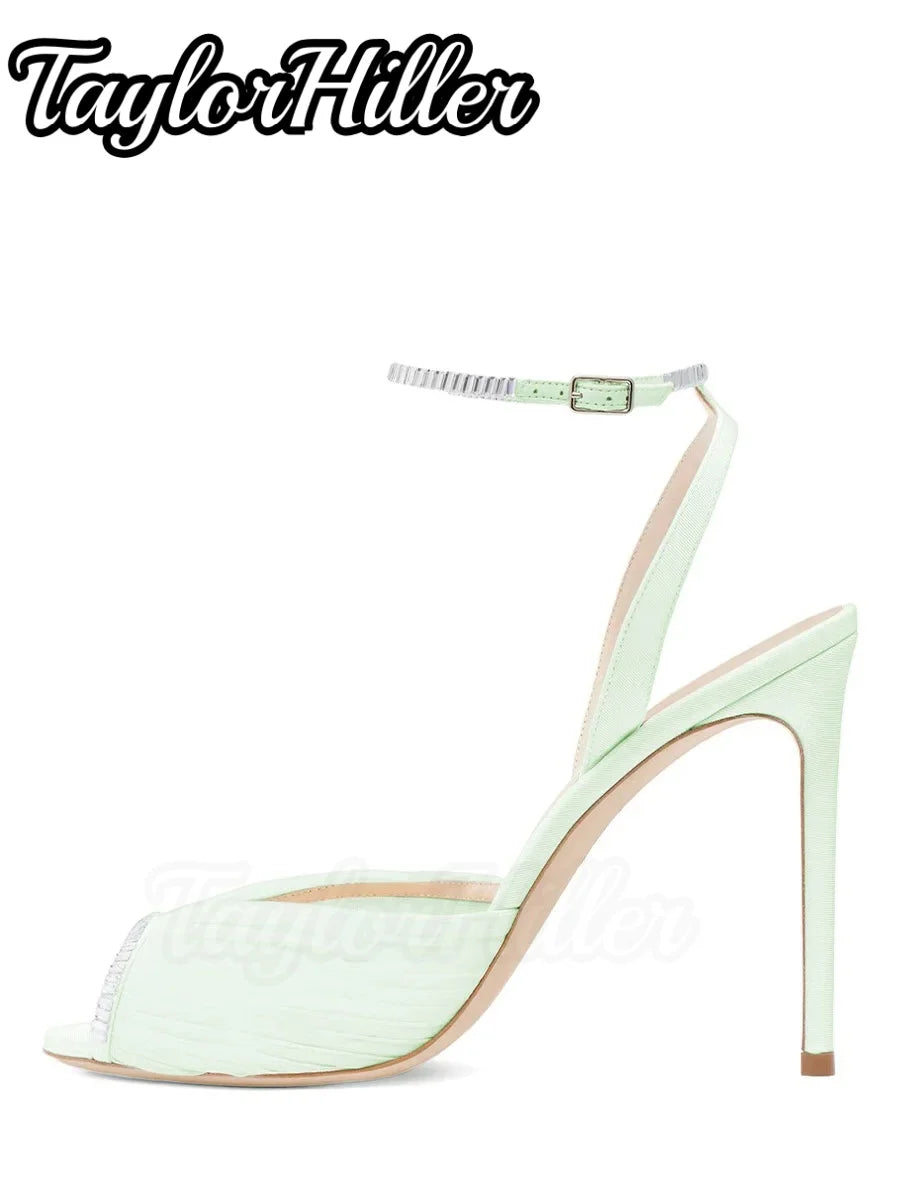Bridal Crystal Air Mesh Heeled Sandals White Shallow Stiletto Women High Heels Elegant Luxury Designer Peep Toe Shallow Shoes