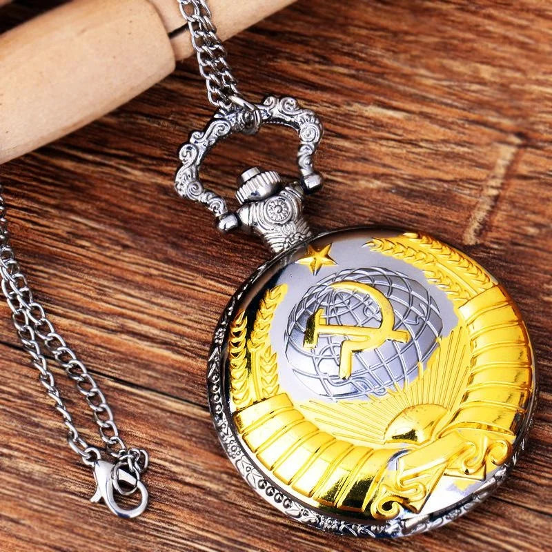 Vintage Emblem Soviet Badges Hammer Sickle Pocket Watch Retro Russia Army Communism Necklace Clock Chain for Men Women