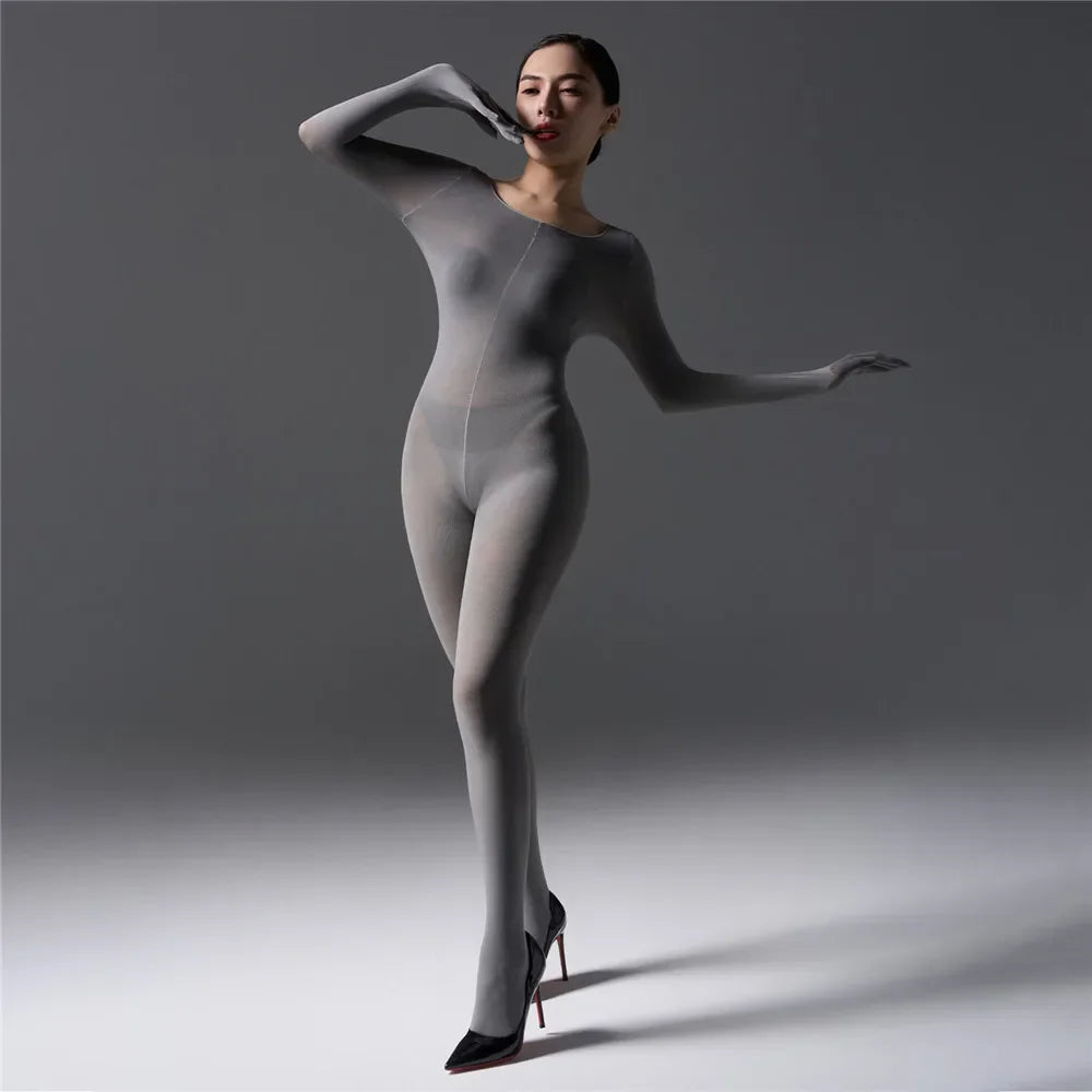 Sexy Women's Warm Full Body Bodysuit High Elastic Shaping Exotic Tights Sheer Cosplay Maid Leotard Long Sleeves Glove Jumpsuits