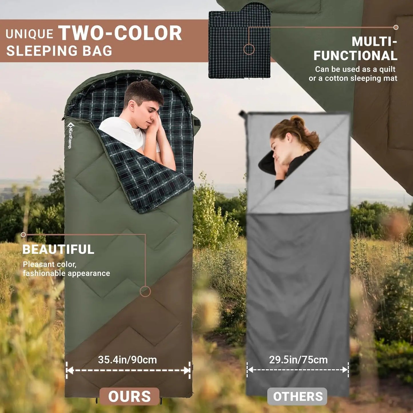 KingCamp Sleeping Bag for Adults, Cold Weather XL Big & Tall (74.8"x33.1" Fits 6.6ft), Cotton Flannel Lining & 300g/㎡ Hollow Fiber Fill (Comfort 44.6°F), Lightweight with Compression Sack, 2-Way Zipper for Couples, Outdoor