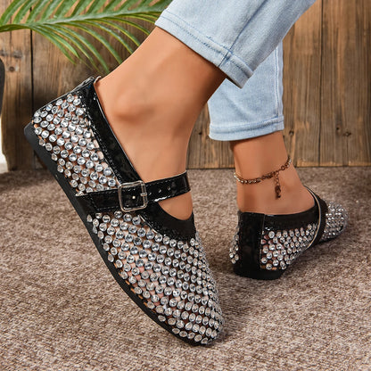 Summer Rhinestone Mesh Hollow Sandals Plus Size 43 Women Flats Shallow 2024 New Mary Jane Shoes Comfort Luxury Female Flat Shoes