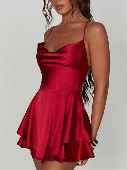 Women Sleeveless Satin Playsuits Fashion Summer Short Sling Backless Jumpsuits Cross Tie-Up Bandage Romper Streetwear Outfit