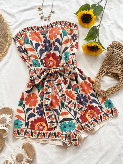 Women's Summer Colorful Folk Printed Crop Top and Shorts Jumpsuit, Suitable for Beaches, Music Festivals, Hippie Styles, Partie