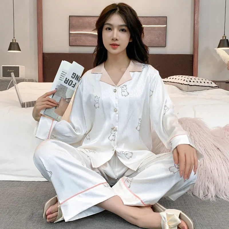 Women's Ice Silk Pajama Set Long Sleeve Long Pants Lightweight Sleepwear for Spring And Autumn Comfortable Homewear Pj Set