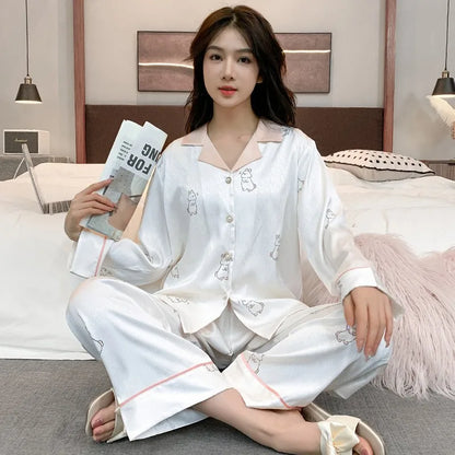 Women's Ice Silk Pajama Set Long Sleeve Long Pants Lightweight Sleepwear for Spring And Autumn Comfortable Homewear Pj Set