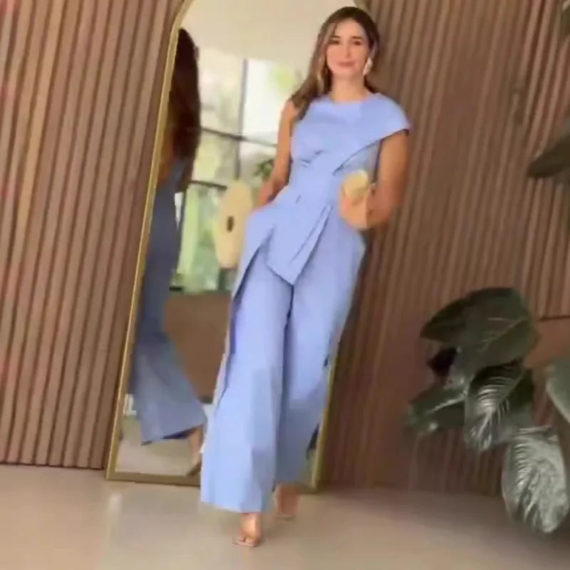 Jumpsuits O Neck Sleeveless Spliced Women Rompers Straight Ankle Length Loose High Waist Jumpsuit Solid Work Blue Pockets