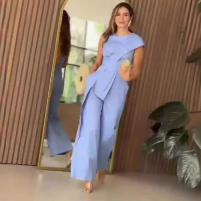 Jumpsuits O Neck Sleeveless Spliced Women Rompers Straight Ankle Length Loose High Waist Jumpsuit Solid Work Blue Pockets