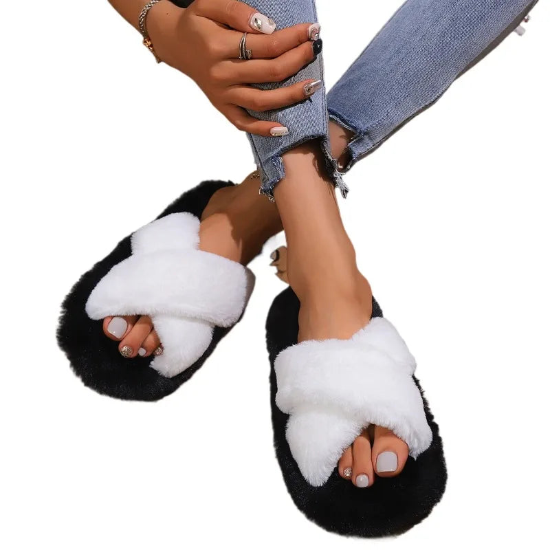 Women Open‑Toe Fuzzy Slippers Winter Autumn Thick Sole Non‑Slip Fluffy House Maternity Slippers Indoor Outdoor Wear