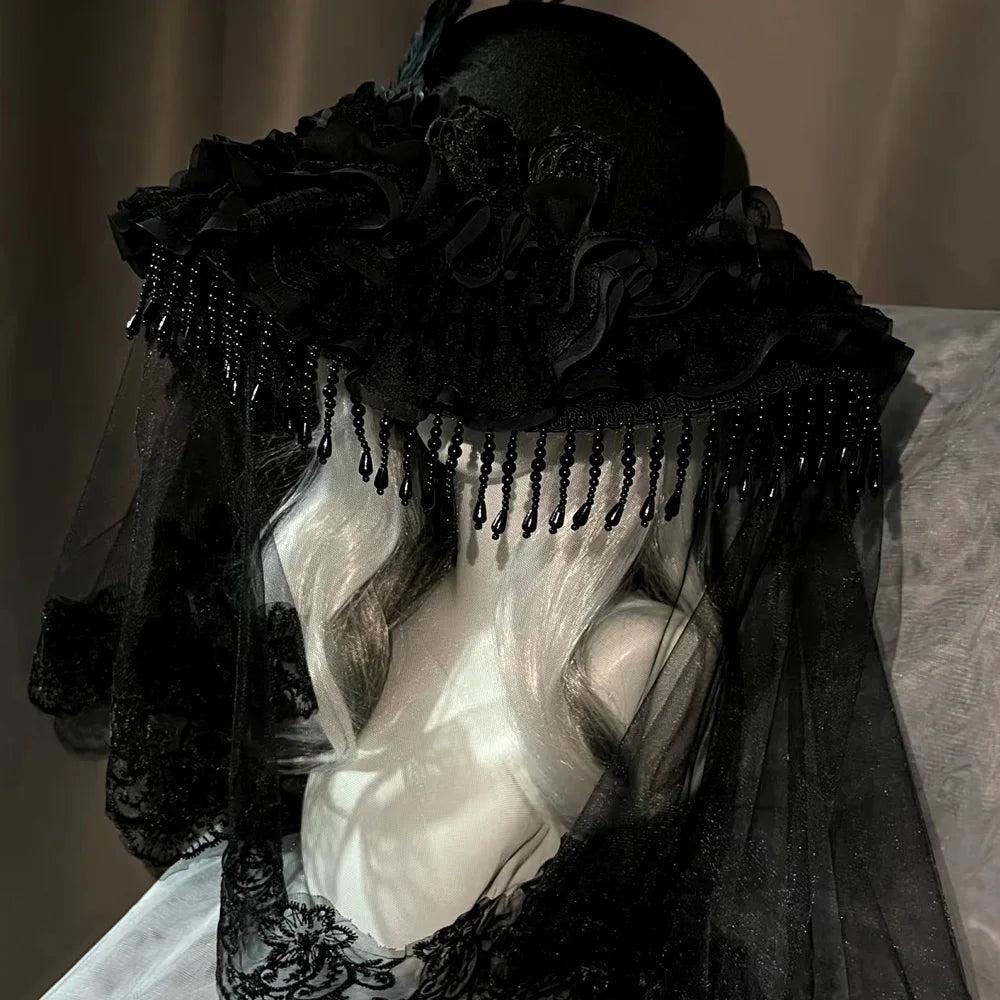 Steampunk Handmade Lace Vintage Bandage Bow Wizard Hat Adult Gothic Lolita Cosplay Costume Halloween Party Bucket hat