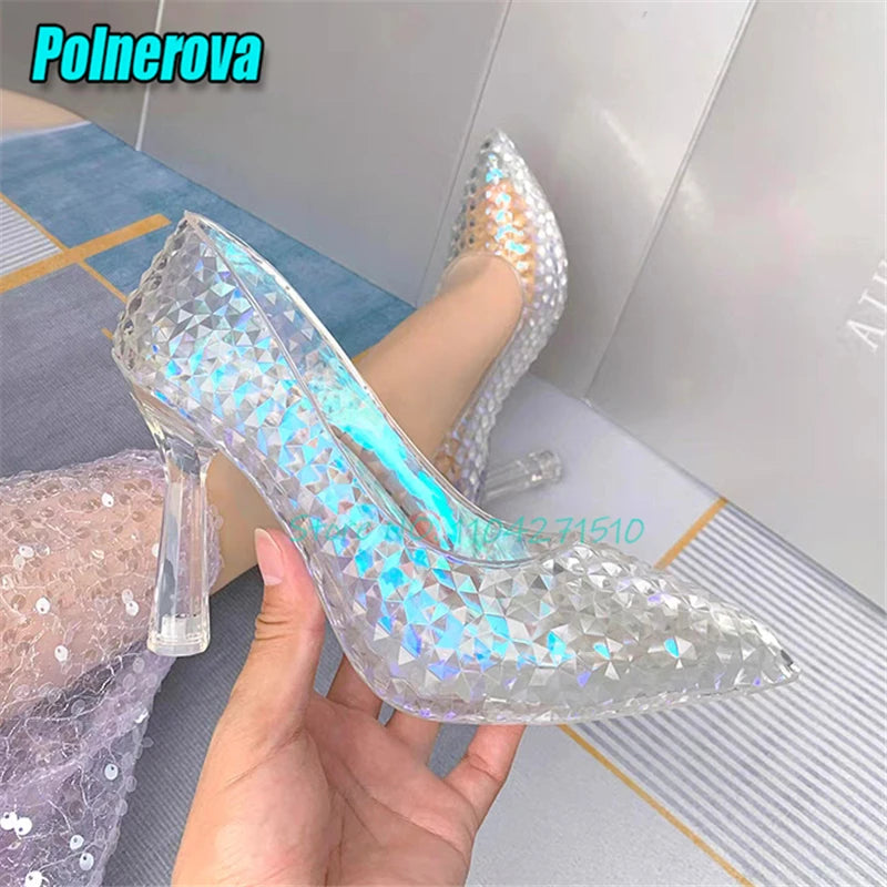Transparent Crystal High Heels Wedding Bridal Shoes Luxury Pointed Toe Round Heel Women Pumps Elegant Fairy Banquet Party Shoes