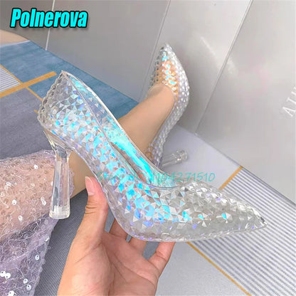 Transparent Crystal High Heels Wedding Bridal Shoes Luxury Pointed Toe Round Heel Women Pumps Elegant Fairy Banquet Party Shoes