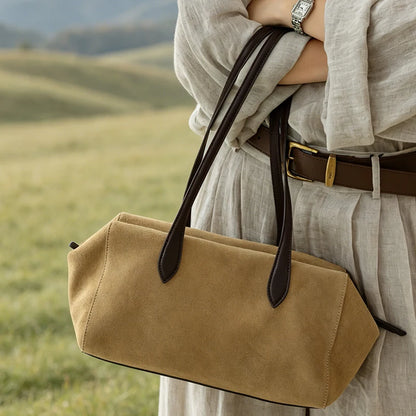 New Women's Natural Suede Leather long handle Shoulder Bag Luxury Designe Genuine Suede Leather Handbags Shopping Underarm Bag