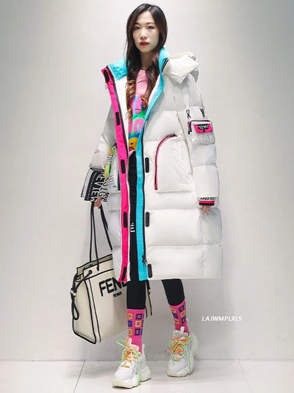 2025 Winter Glossy Waterproof X-long 90% White Duck Down Coat Women Thick Loose Outerwear Warm Down Jacket Hooded Parkas Coats