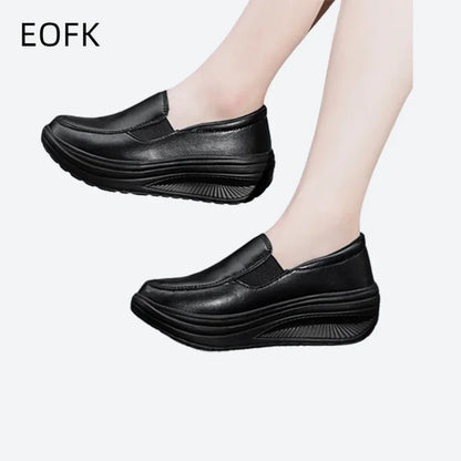 EOFK Women Moccasions Walking Shoes For Work Soft Wedges Platform Loafers Female Black Swing Slip On Casual Non Slip Female Shoe