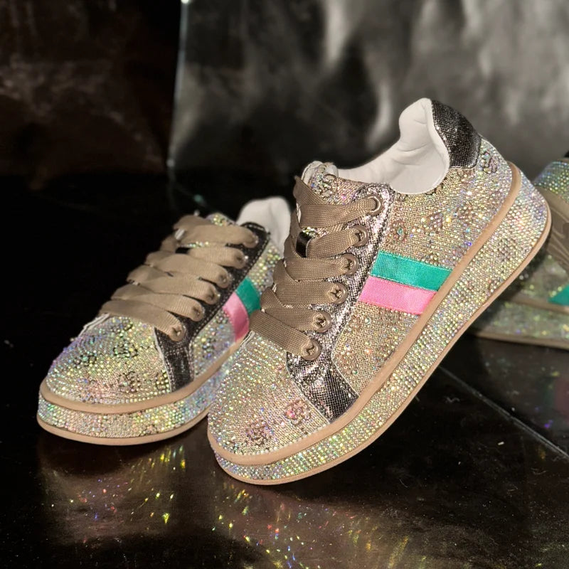 Women's Designer Shoes Women's Luxury Platform Sneakers Crystal Water Diamond Fashion Lace Up Casual Shoes Zapatillas De Deporte