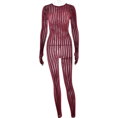 FAGADOER Women Sexy Mesh Lace Jumpsuits Fashion Long Sleeves Round Neck Vertical Striped Sheer Bodycon Rompers Summer Playsuits