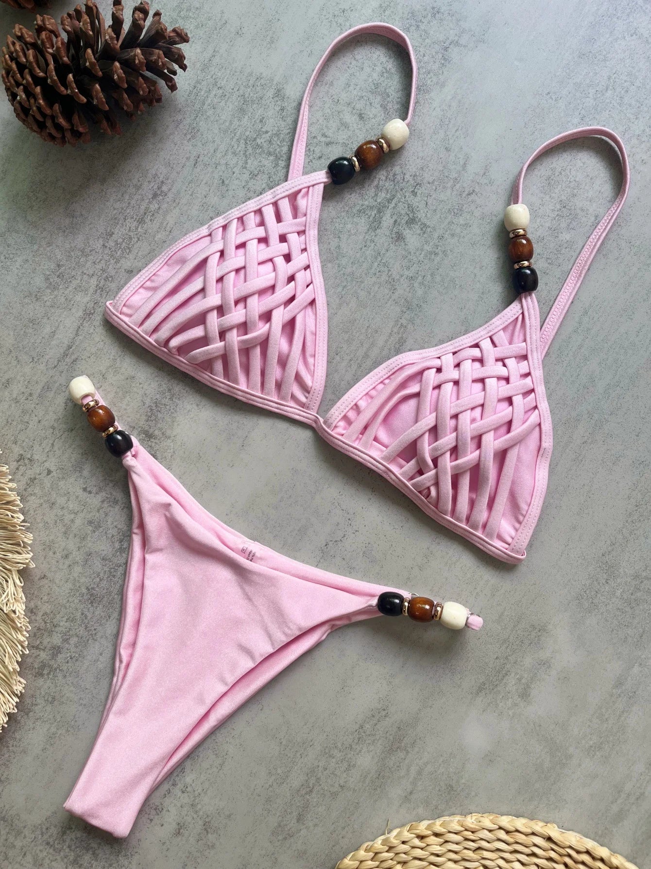 Sexy Brown Bikini Set 2026 Women Pearls Strap Hole Out Push Up Bra Thong Swimsuit Brazilian Beach Bathing Suit Micro Swimwear