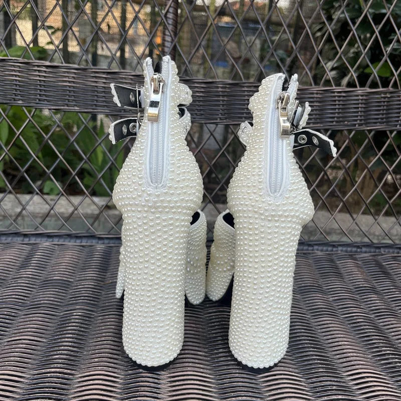 2026 Women's Shoes 14cm Thick Heel Pointed Sandals 35-41 High Heel Waterproof Platform Woman Shoes Wedding Dress Luxury Pearl
