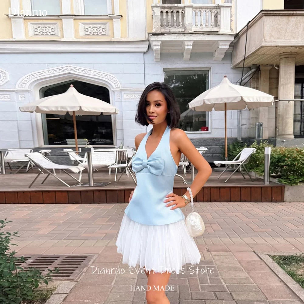 Dianruo Girly Halter Neck Prom Dresses A Line Deep V Neck Birthday Party Dresses Mini Satin Bow Homecoming Dresses Customized