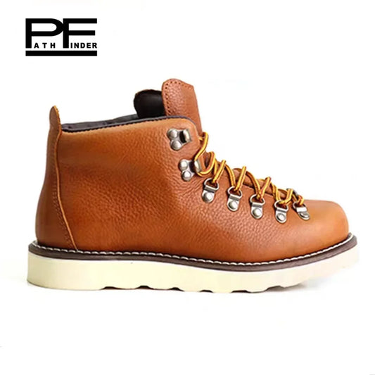 pf Fashion Genuine Leather Motorcycle Boots Men's Hiking Work Boots Women Ankle Western Boots Non-slip Round Toe