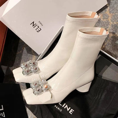 Women's Fashion Chunky Single Boots Fall New Square Head Rhinestones After Zipper Temperament Short Boots