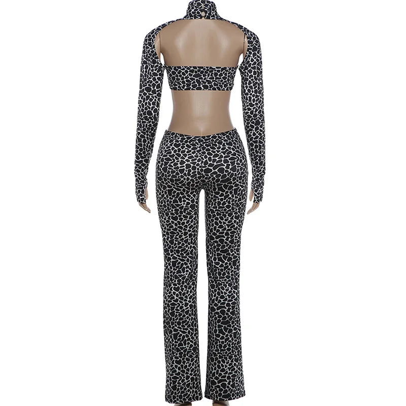 Leopard Print Straight Pants Slim Fit Jumpsuits Women Trend Sexy Strapless Patchwork Turtleneck Full Sleeve Club Party Overalls