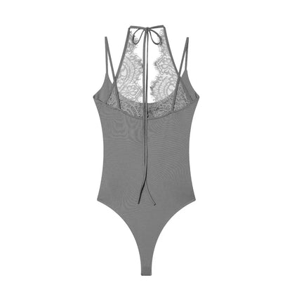 Women's Bodysuit 2026 New Fashion Summer Black Spliced Lace Bodysuit for Women Elegant Chic Personality Spaghetti Strap Bodysuit