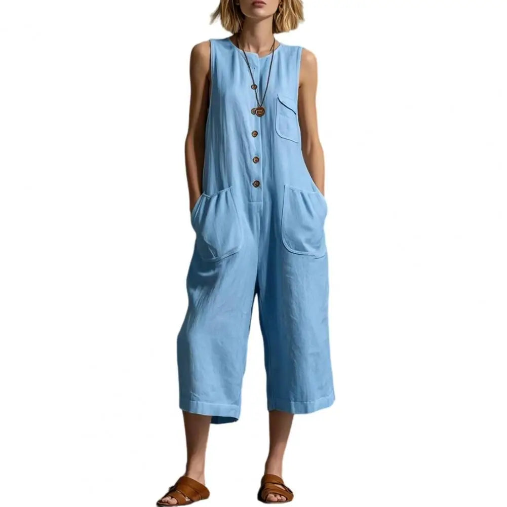 Women Summer Tank Jumpsuit Sleeveless Button Down Cropped Rompers Loose Wide-Leg Overall Pockets Hot Sale