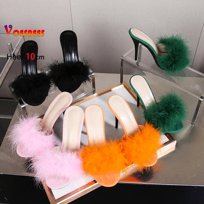 10CM Thin High Heel Summer Furry Slippers For Ladies Mules Fashion Fluffy Fur Slides Sandals 2025 New Brand Women's Party Shoes